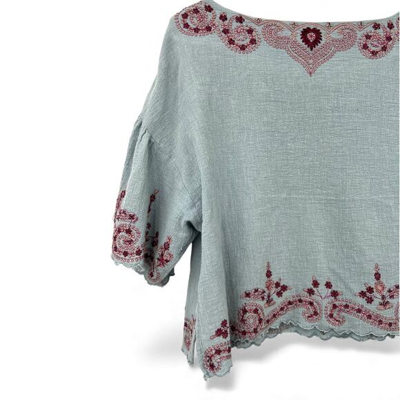 Free People S Adriana Woven Tee chambray embroidered top Cropped Blouse - Picture 4 of 9